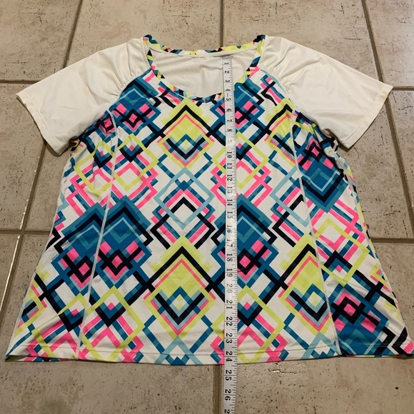 Neon Geometric Print Athleisure Top with White Sleeves - Size L - Picture 4 of 4